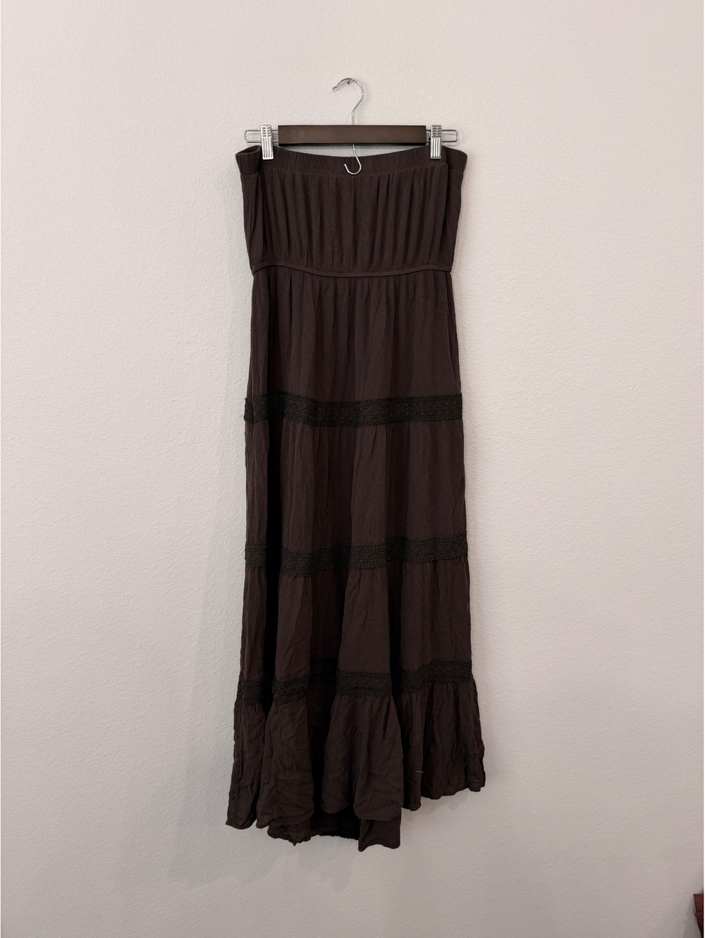 Faded Rose Brown Strapless Lace Trim Maxi Dress Large